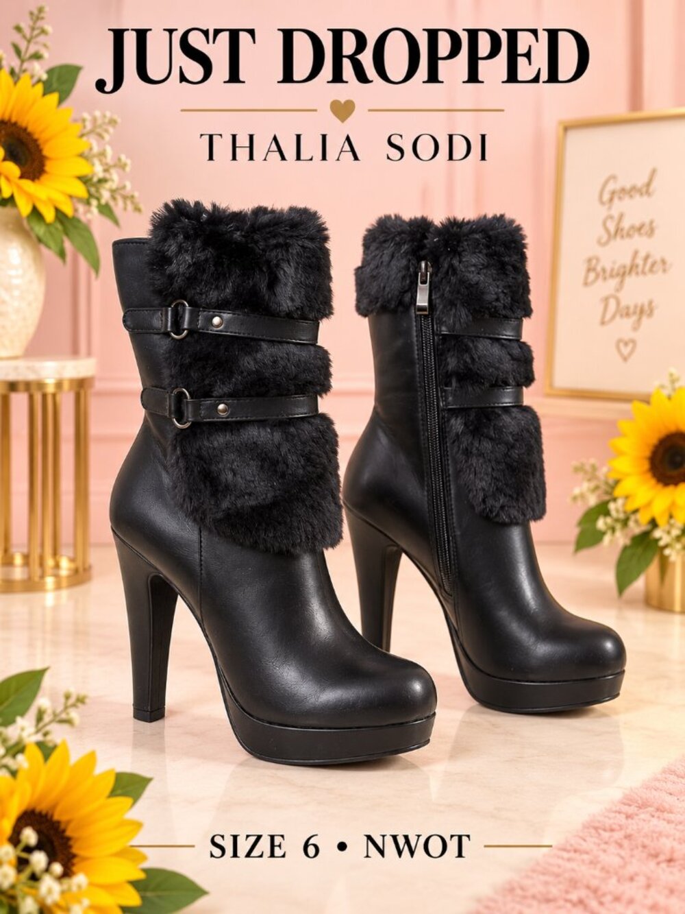 NWOT Thalia Sodi Black Faux Fur Platform Stiletto Ankle Boots Size 6